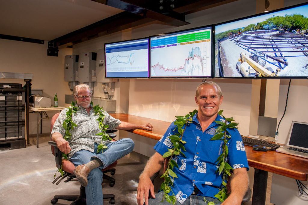 Two men in hawaiian shirts sitting in front of monitors.